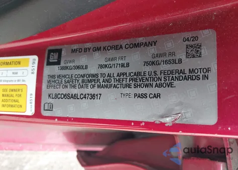 2020 Chevrolet Spark Fwd 1Lt Automatic из США, поврежденный, VIN KL8CD6SA6LC473617